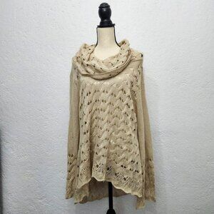 tan beige crochet Bell Sleeves Cowell Neck open knit sweater